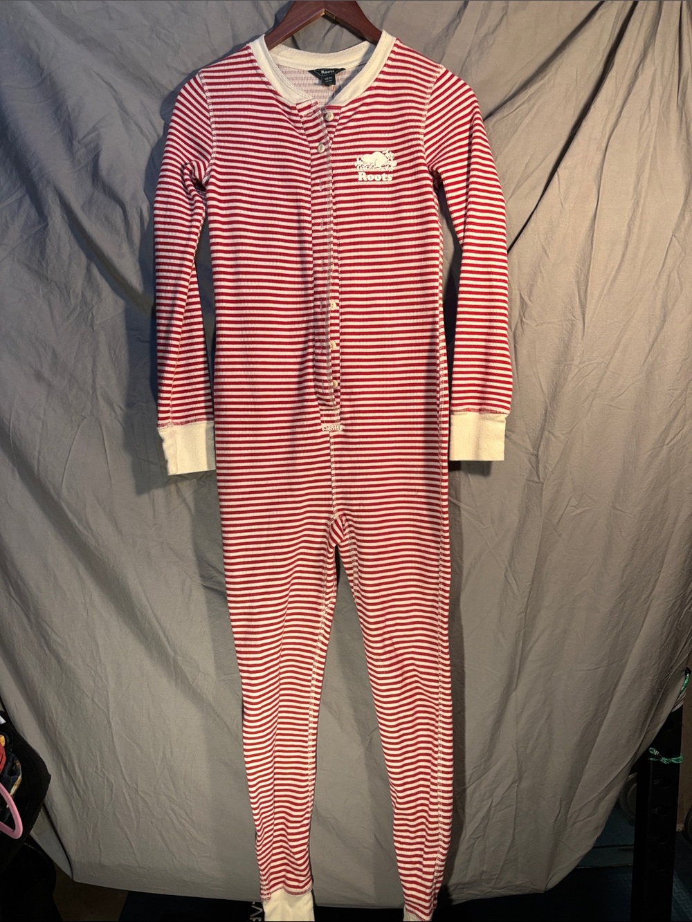 Roots Women’s Red and White Striped One-Piece Footie Longjohns